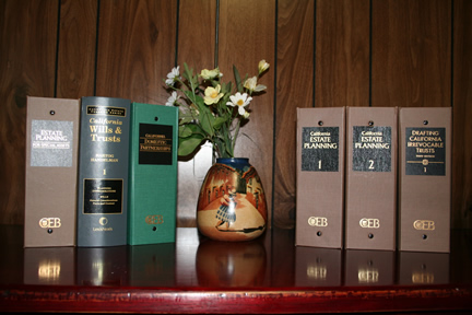 Estate Planning books flanking Peruvian hand-painted vase with flowers
